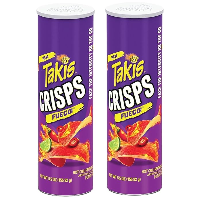 Takis Crisps Fuego Potato Crisps, Hot Chili Pepper and Lime Artificially Flavored, 5.5 Ounce Canister 2 X 155g